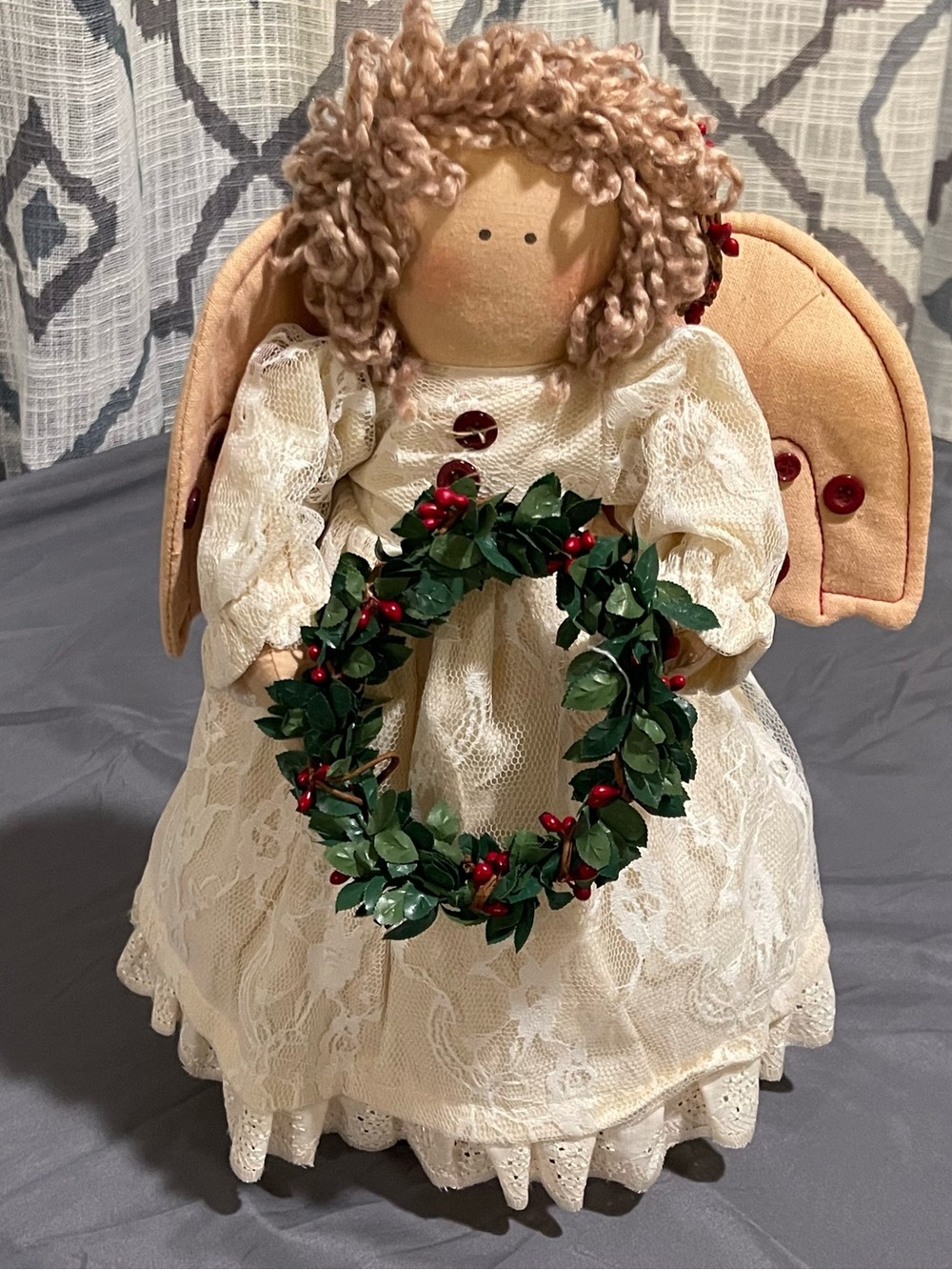 Source Unknown Cream Lace Angel Doll with Green and Red Berry Wreath